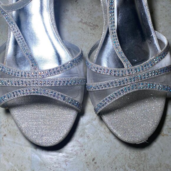Silver Glitter Rhinestone Strappy Heeled Sandals Party Special Occasion - Picture 5 of 9